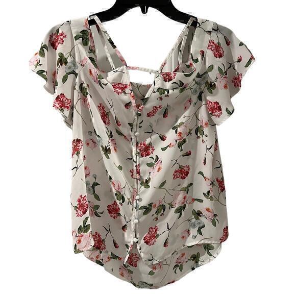 Express white pink floral fairy whimsy peasant cottage blouse sheer sz XS - Picture 1 of 8